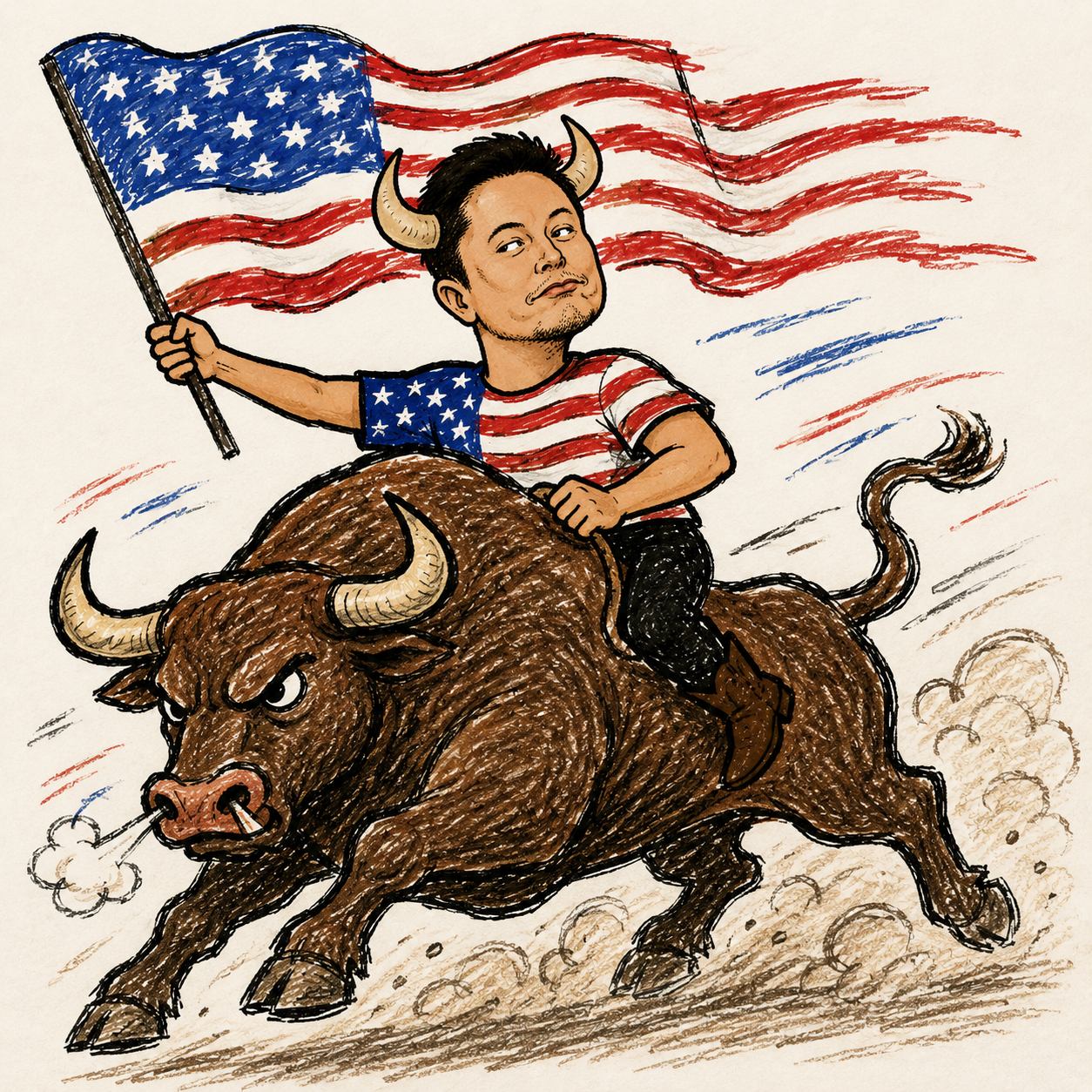 Bullon Musk riding a charging bull
