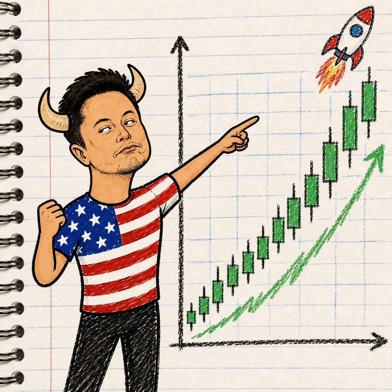 Bullon Musk pointing at a green chart