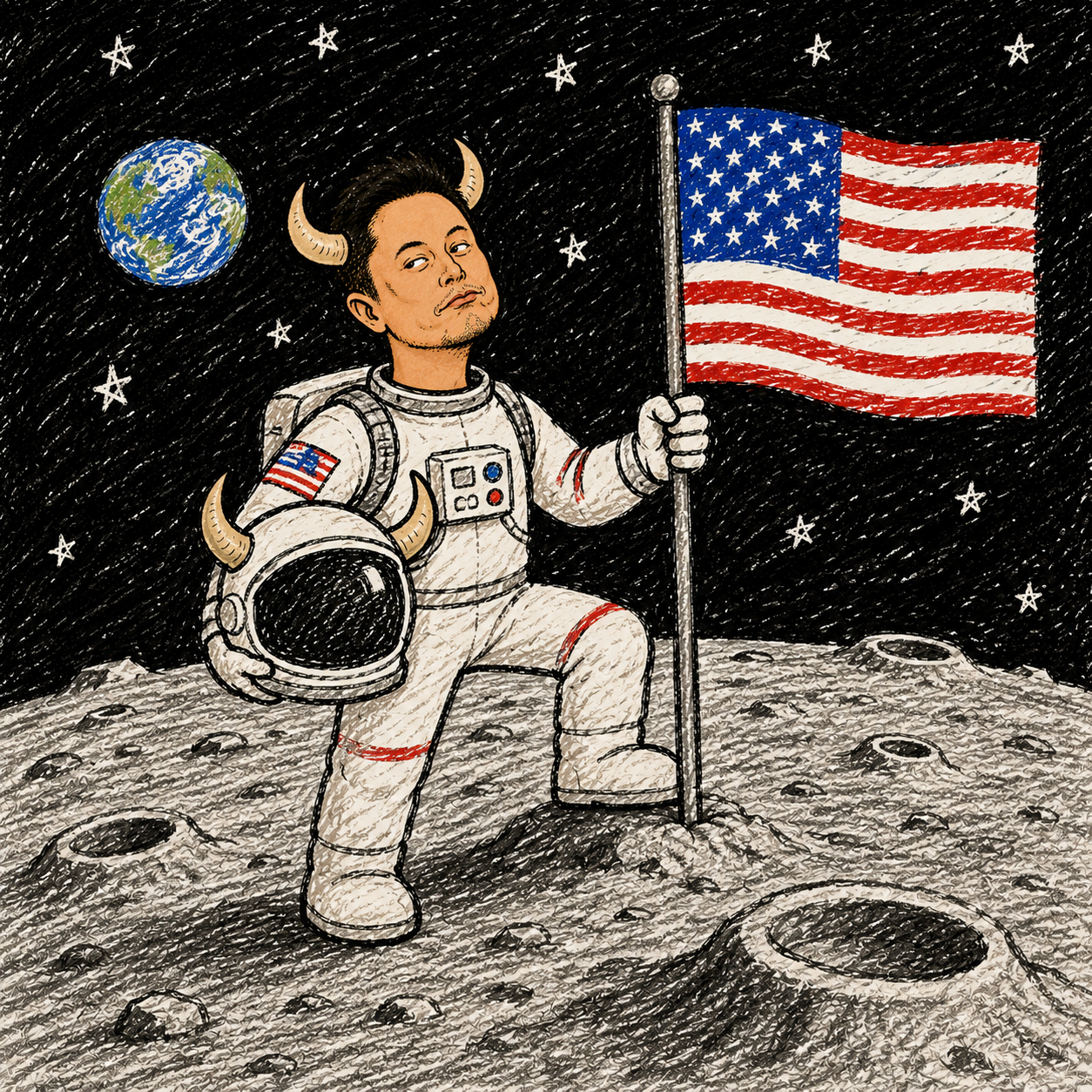 Bullon Musk planting a flag on the moon